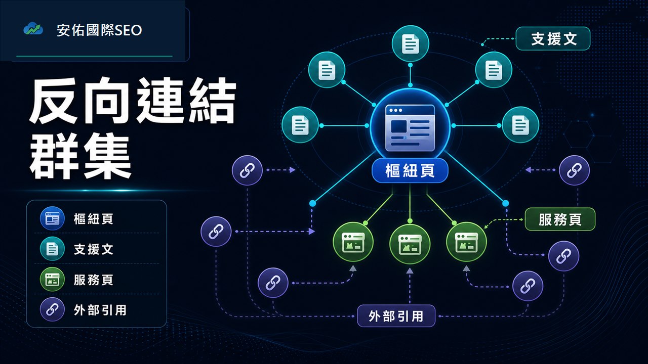 反向連結群集圖，顯示樞紐頁、支援文、服務頁與外部引用