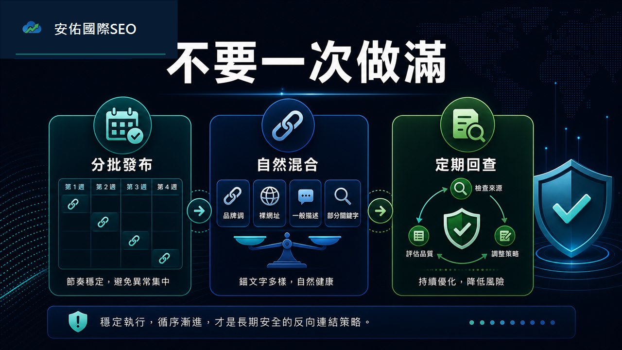 反向連結分批執行提醒圖，包含分批發布、自然混合與定期回查