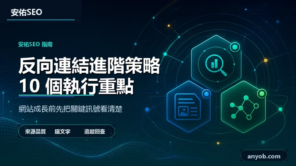 安佑國際SEO工作室深色品牌精選圖，主題為「【2025反向連結實戰指南】10分鐘學會高效策略，系統累積網站權重與流量」，呈現網站診斷、內容品質與搜尋可見度檢查概念。