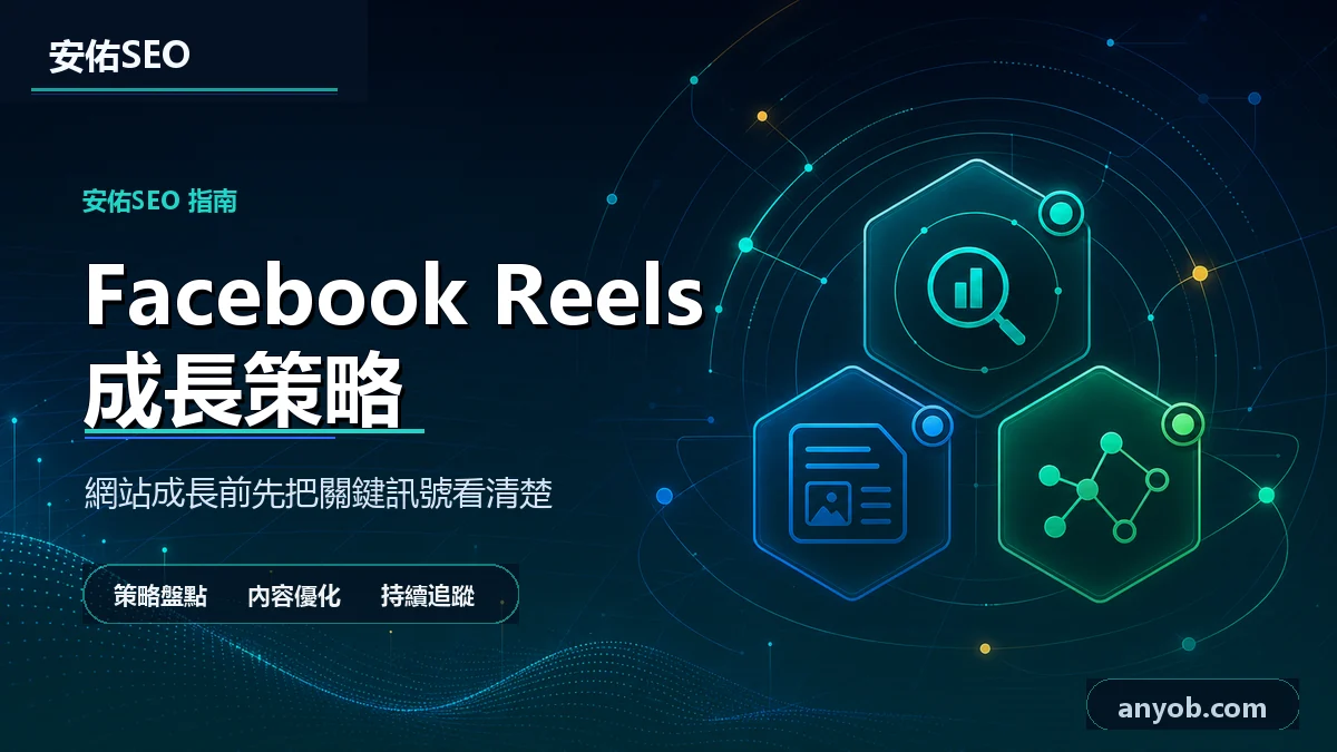 安佑國際SEO工作室深色品牌精選圖，主題為「Facebook Reels 稱霸：2025 年，用短影音讓你的粉絲數爆增！」，呈現網站診斷、內容品質與搜尋可見度檢查概念。