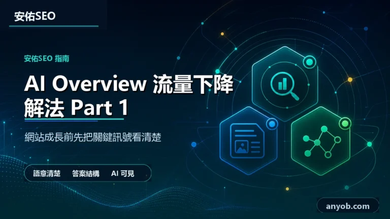 安佑國際SEO工作室深色品牌精選圖,主題為「AI 不會教你的事:網站流量一直掉? 面對 AI 摘要時,讓流量復甦的三部曲|Part 1」,呈現網站診斷、內容品質與搜尋可見度檢查概念。