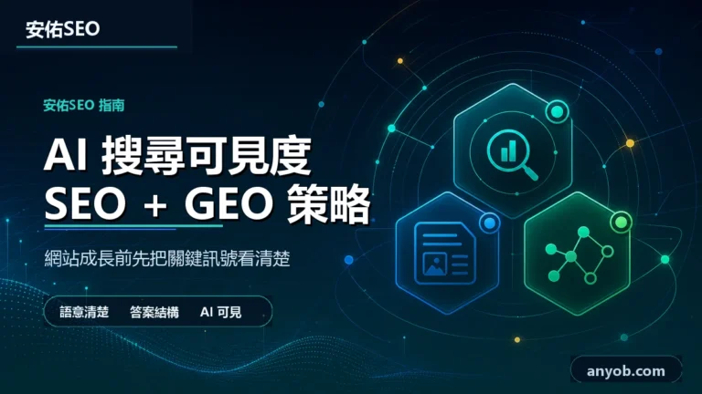 安佑國際SEO工作室深色品牌精選圖，主題為「AI 搜尋不只拼排名：企業如何用 SEO + GEO 建立搜尋可見度」，呈現網站診斷、內容品質與搜尋可見度檢查概念。