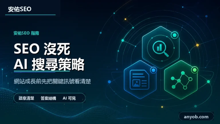 安佑國際SEO工作室深色品牌精選圖，主題為「AI SEO 沒死，但規則變了！2026 年你的網站能被 AI 搜尋引用嗎？」，呈現網站診斷、內容品質與搜尋可見度檢查概念。