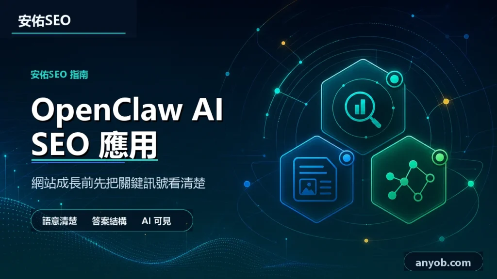 安佑國際SEO工作室深色品牌精選圖，主題為「OpenClaw 社群應用與網站SEO大爆發全攻略：AI自動化打造被動流量機器，一站式從0到爆單」，呈現網站診斷、內容品質與搜尋可見度檢查概念。