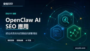 安佑國際SEO工作室深色品牌精選圖，主題為「OpenClaw 社群應用與網站SEO大爆發全攻略：AI自動化打造被動流量機器，一站式從0到爆單」，呈現網站診斷、內容品質與搜尋可見度檢查概念。