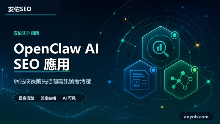 安佑國際SEO工作室深色品牌精選圖,主題為「OpenClaw 社群應用與網站SEO大爆發全攻略:AI自動化打造被動流量機器,一站式從0到爆單」,呈現網站診斷、內容品質與搜尋可見度檢查概念。
